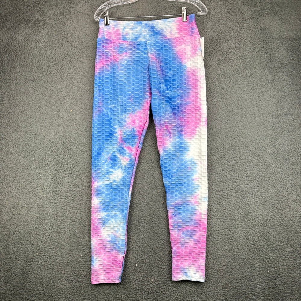 Ookie & Lala Women Blue‎ Pink Tie Dye Honeycomb Scrunch Butt Active Leggings L